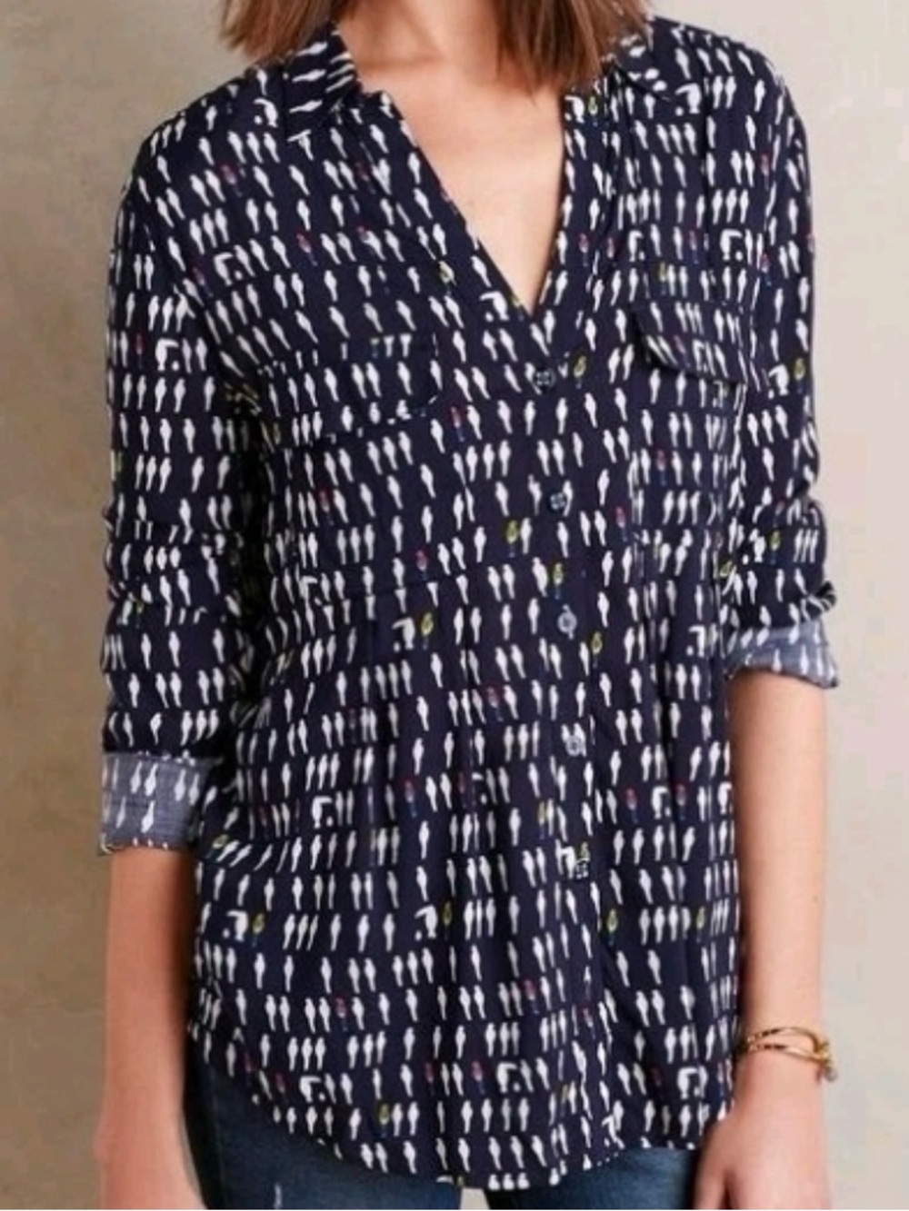 Anthropologie MAEVE Wynwood Bird Button Down Shirt Blouse Women Size 8 Blue